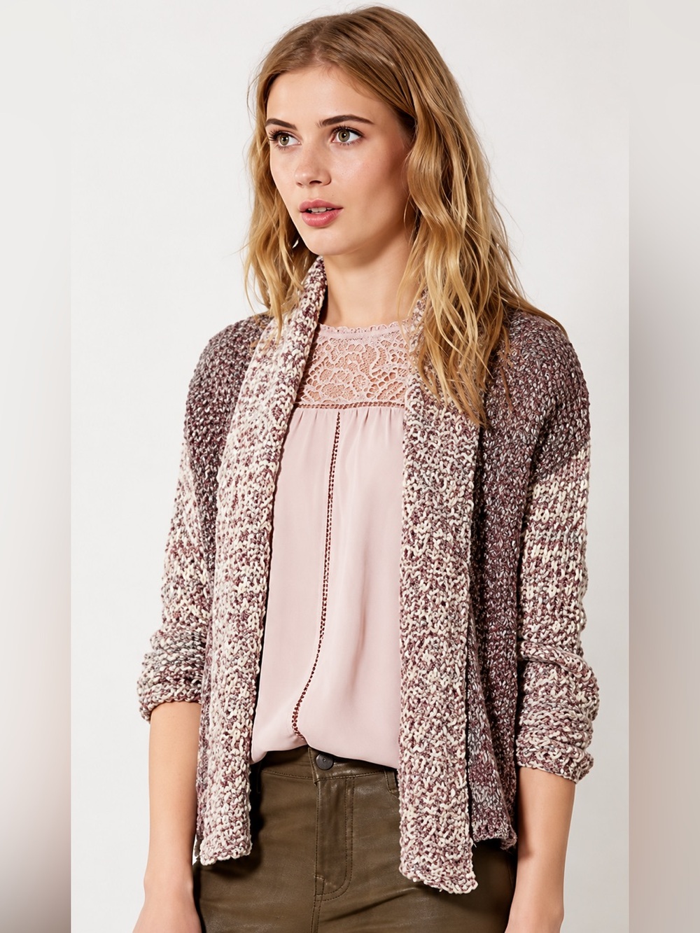 Moth Open-Front Marled Cardigan in Pink and Cream